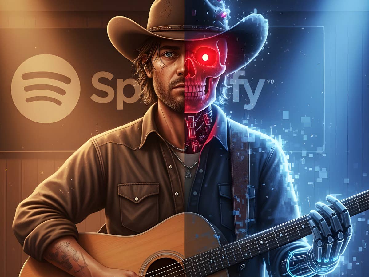 Ein Cowboy mit einer Gitarre, halb Mensch und halb Roboter, vor einem Spotify-Logo.