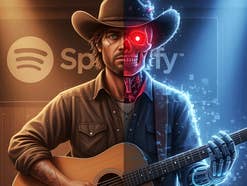 Ein Cowboy mit einer Gitarre, halb Mensch und halb Roboter, vor einem Spotify-Logo.