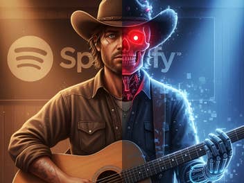 Ein Cowboy mit einer Gitarre, halb Mensch und halb Roboter, vor einem Spotify-Logo.