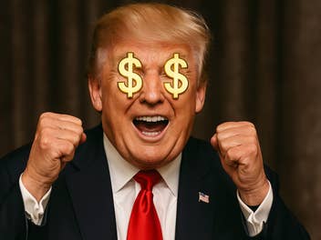 Trump mit Dollarzeichen über seinen Augen lächelt und hebt seine Fäuste zum Feiern.