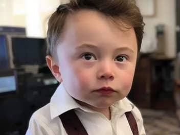 Ein KI-generierter, junger Elon Musk in einem Hemd mit Hosenträgern, der nachdenklich in die Kamera schaut.