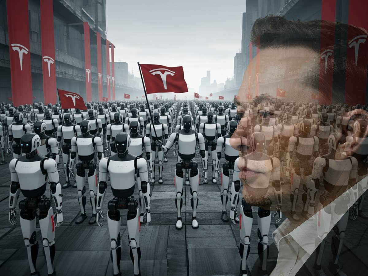 Tesla Roboter-Armee Eine Armee aus Tesla-Robotern, im Vordergrund das transparente Profil von Elon Musk.