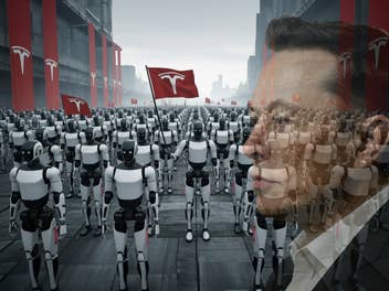 Tesla Roboter-Armee Eine Armee aus Tesla-Robotern, im Vordergrund das transparente Profil von Elon Musk.