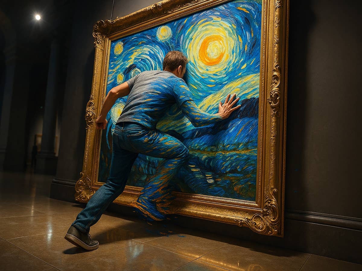Eine Person greift in ein Gemälde der Sternennacht in einer Kunstgalerie.