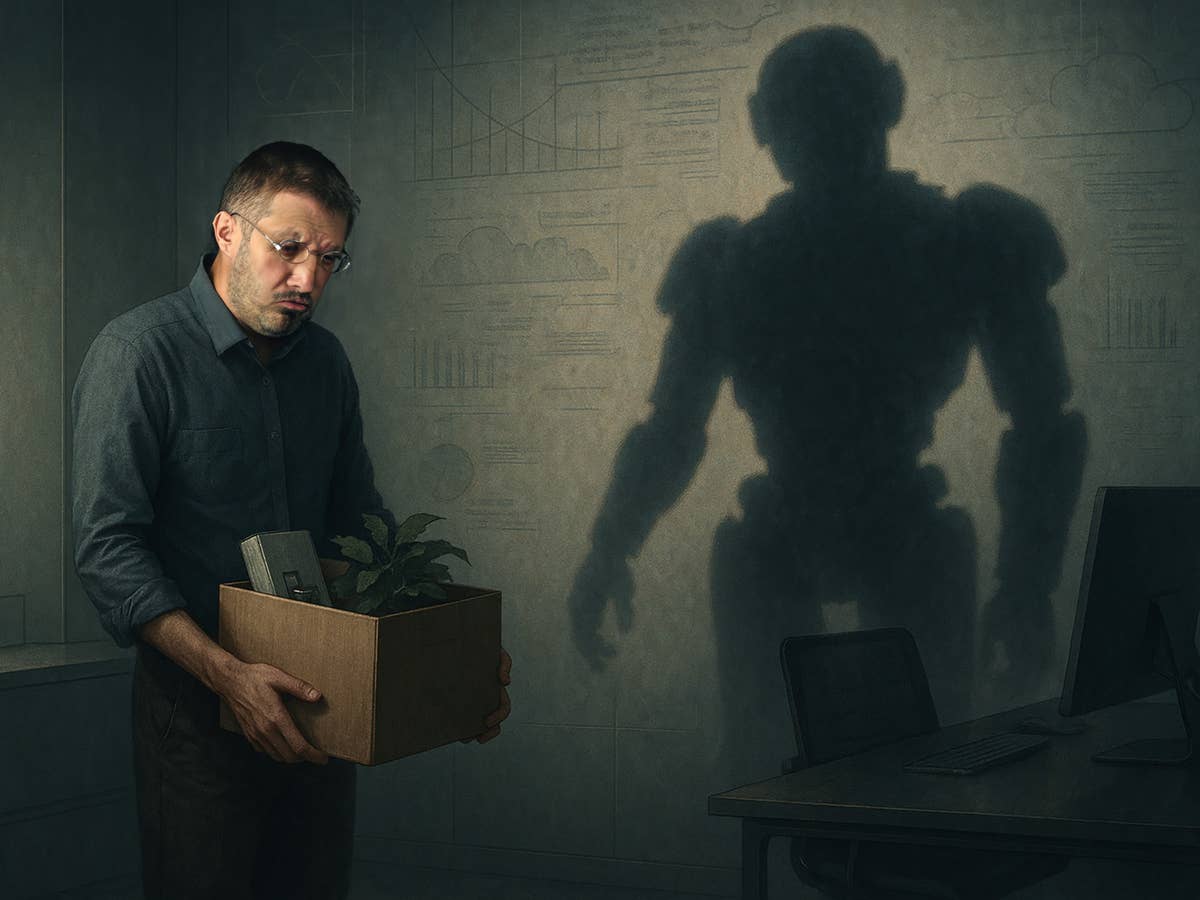 Ein Mann hält eine Kiste mit einer Pflanze und schaut nach unten, während ein Roboterschatten hinter ihm in einem dunklen Büro schwebt.