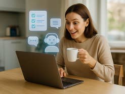 Eine Frau sitzt entspannt am Küchentisch vor dem Laptop mit Kaffee in der Hand.