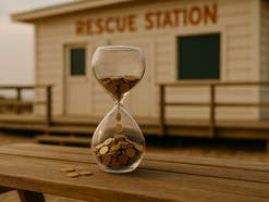 Eine Sanduhr, gefüllt mit Münzen, auf einem Holztisch; im Hintergrund ein Gebäude mit der Aufschrift 'RETTUNGSSTATION'.