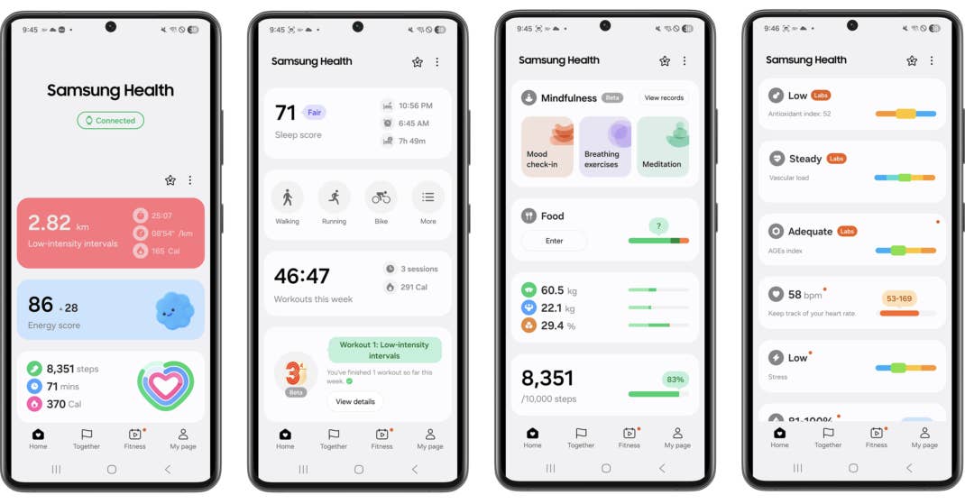 Samsung Health-App zeigt Aktivitätsmetriken und Energiewert auf einem Smartphone-Bildschirm.