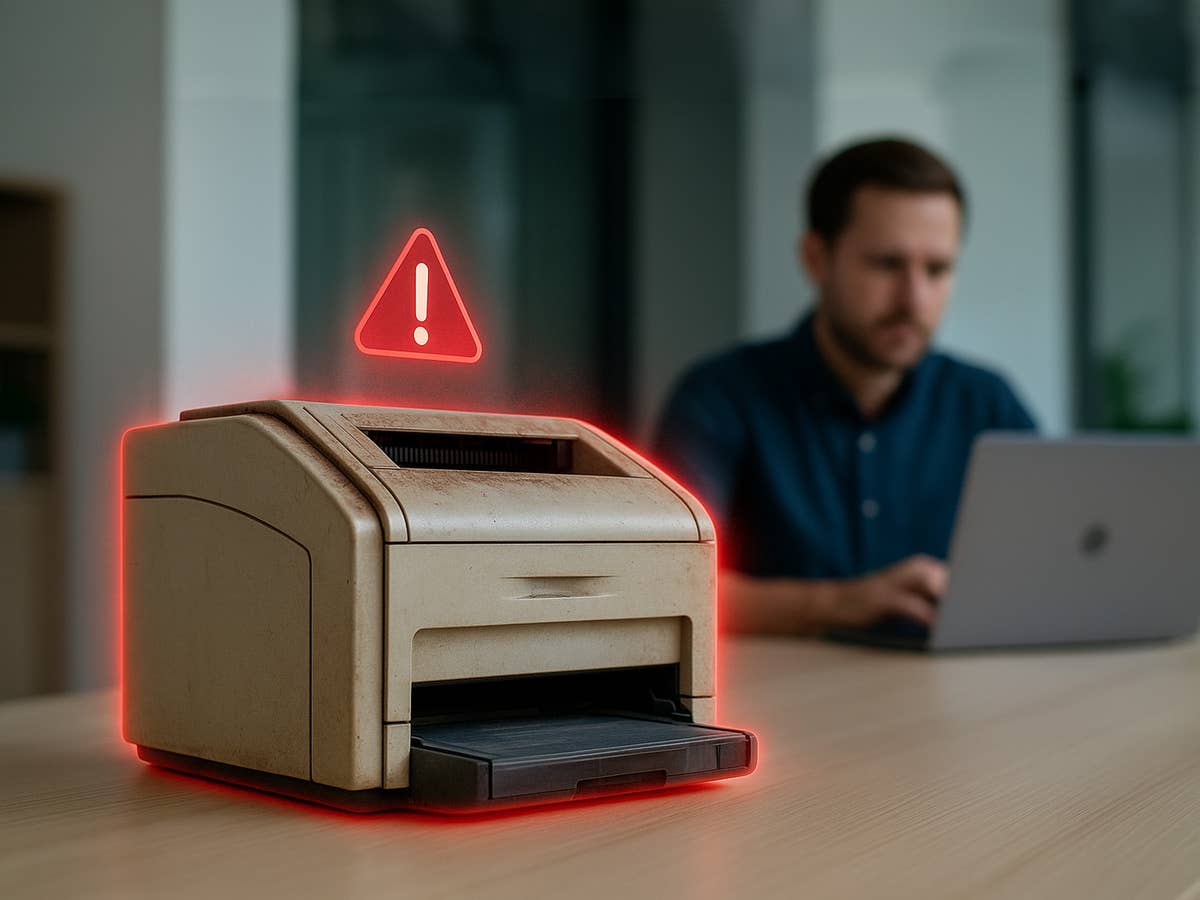 Ein alter Drucker mit Gefahrenhinweis steht auf einem Tisch. Daneben arbeitet ein Mann am Notebook.