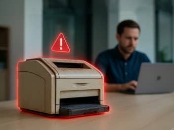 Ein alter Drucker mit Gefahrenhinweis steht auf einem Tisch. Daneben arbeitet ein Mann am Notebook.
