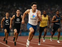 Läufer mit Logos von KI-Plattformen laufen in einem Stadion, angeführt vom Gemini-Läufer
