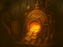 Eine stilisierte Darstellung des Google-Logos mit einer Figur, die Gerechtigkeit repräsentiert, die ein Schwert und ein Schild hält.