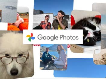Collage aus verschiedenen Fotos mit dem Text 'Google Photos' in der Mitte.