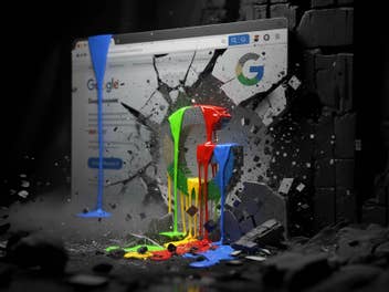 Ein farbenfroher Farbklecks fließt aus einem zerbrochenen Computerbildschirm mit Google.