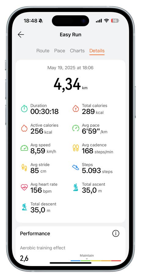 Huawei Watch Fit 4 Pro zeigt eine Zusammenfassung des Easy Runs mit Entfernung, Dauer und Leistungskennzahlen.