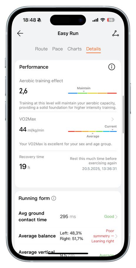 Leistungsdetails der Huawei Watch Fit 4 Pro für ein Easy Run-Workout.