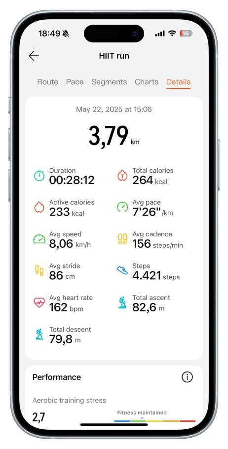 Huawei Watch Fit 4 Pro Anzeige mit HIIT-Laufstatistik: 3,79 km, Dauer 28:12, durchschnittliche Herzfrequenz 162 bpm.