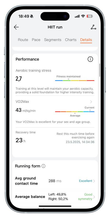 Huawei Watch Fit 4 Pro zeigt Leistungskennzahlen für HIIT-Training.