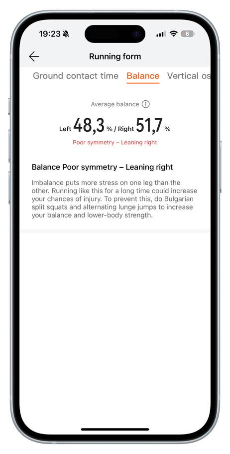 Huawei Watch Fit 4 Pro zeigt Laufanalyse mit Gleichgewichtsdaten und Übungsempfehlungen.