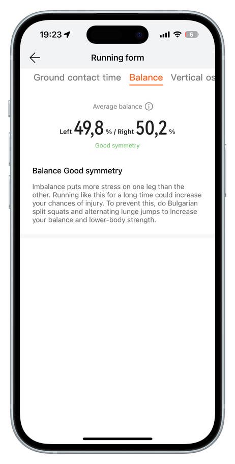 Anzeige der Huawei Watch Fit 4 Pro mit Laufbalance-Metriken: links 49,8 % und rechts 50,2 %.
