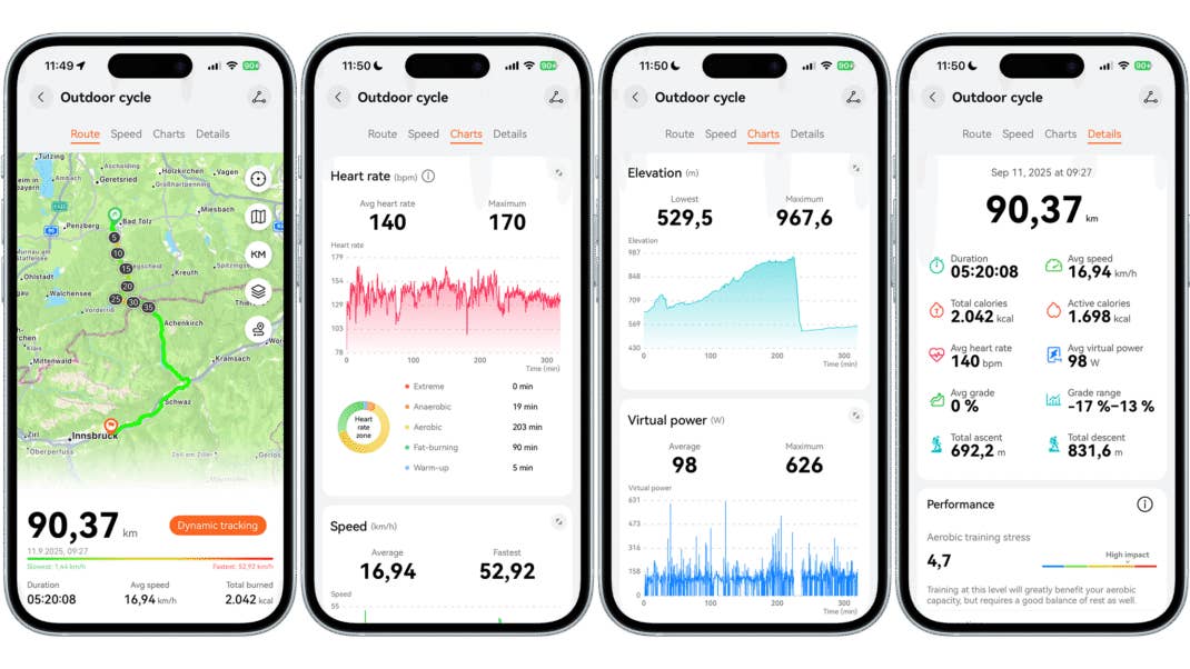 Huawei Watch GT 6 Pro-Oberfläche zeigt Statistiken und Karten für das Radfahren im Freien.