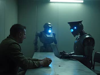 Ein KI-Roboter verhört einen Menschen in einem typischen Verhörzimmer.