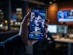 Ein Handy wird in der Hand gehalten und zeigt ein Deepfake-Video.