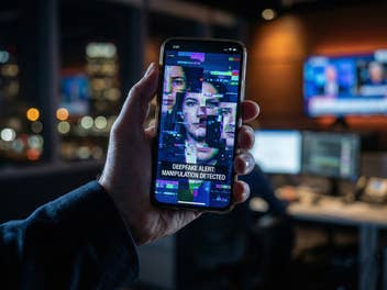 Ein Handy wird in der Hand gehalten und zeigt ein Deepfake-Video.