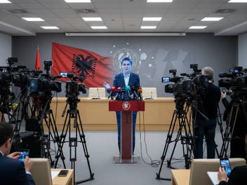 Eine Pressekonferenz in Albanien mit einem Sprecher am Pult, umgeben von Kameras und einer albanischen Flagge.