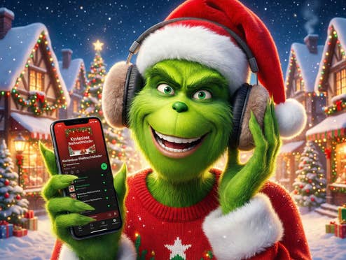 Ein Grinch hört begeistert über Kopfhörer Weihnachtslieder.