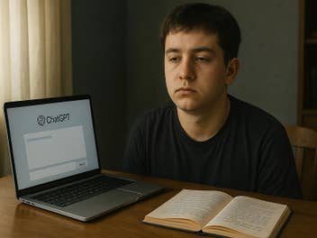 Ein junger Mensch sitzt an einem Tisch mit einem Laptop, auf dem 'ChatGPT' angezeigt wird, und einem offenen Buch daneben.