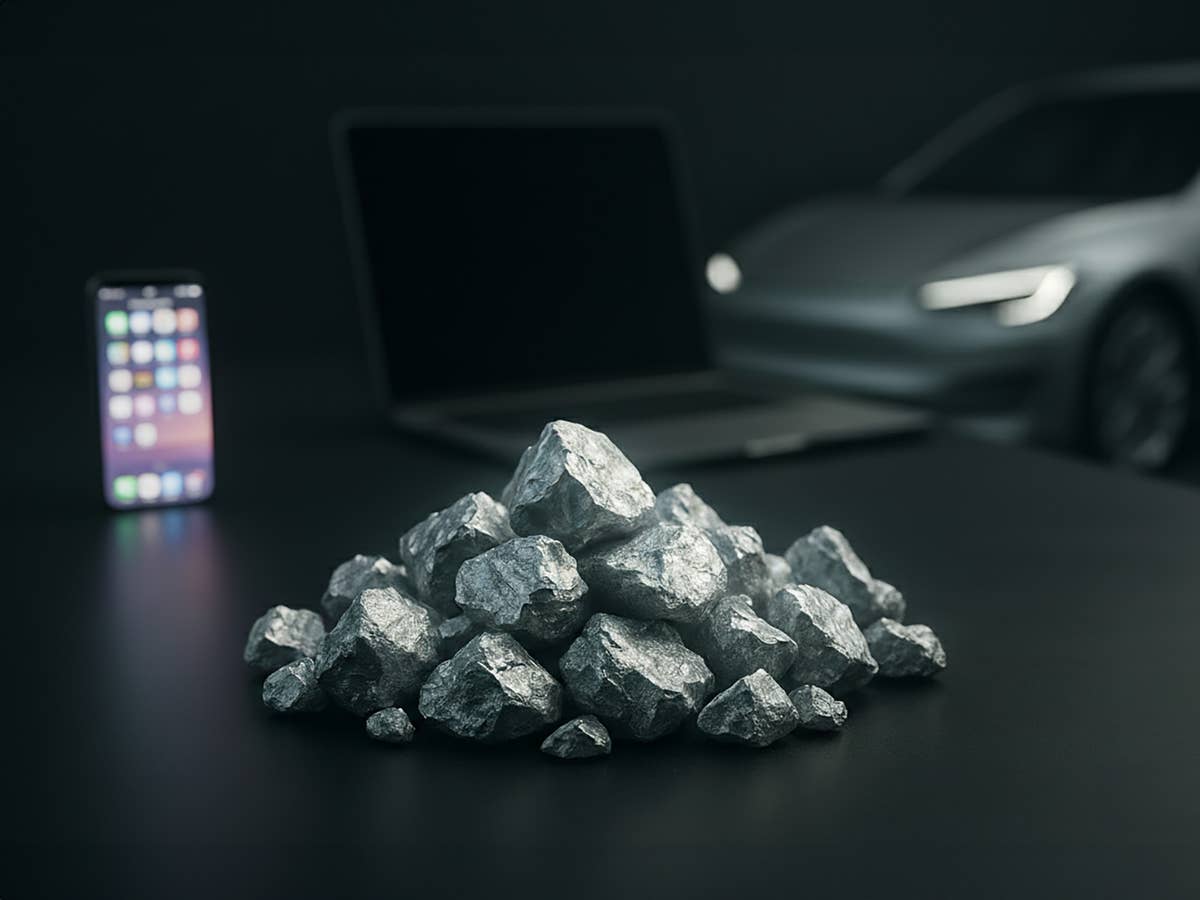 Ein Haufen Lithiumsteine vor einem Smartphone, Laptop und Elektroauto.
