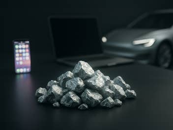 Ein Haufen Lithiumsteine vor einem Smartphone, Laptop und Elektroauto.