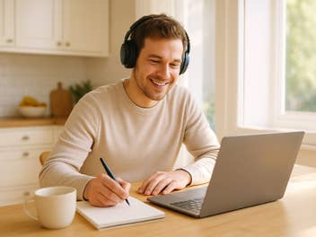 Mann mit Kopfhörer sitzt am Küchentisch vorm Notebook