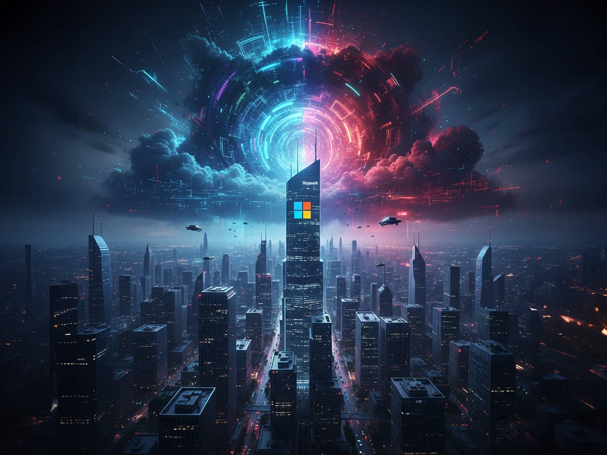 Eine riesige Datenwolke nähert sich einem Hochhaus mit Microsoft-Logo, das mitten in einer dystopisch dargestellten Großstadt steht.