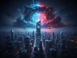Eine riesige Datenwolke nähert sich einem Hochhaus mit Microsoft-Logo, das mitten in einer dystopisch dargestellten Großstadt steht.