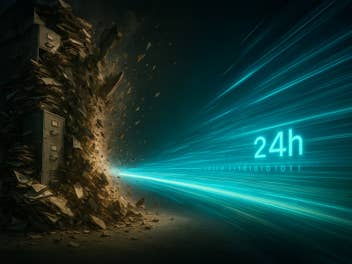 Ein Papierstapel explodiert, während eine Aktenschrank von einem Lichtstrahl getroffen wird, mit dem Text '24h'.