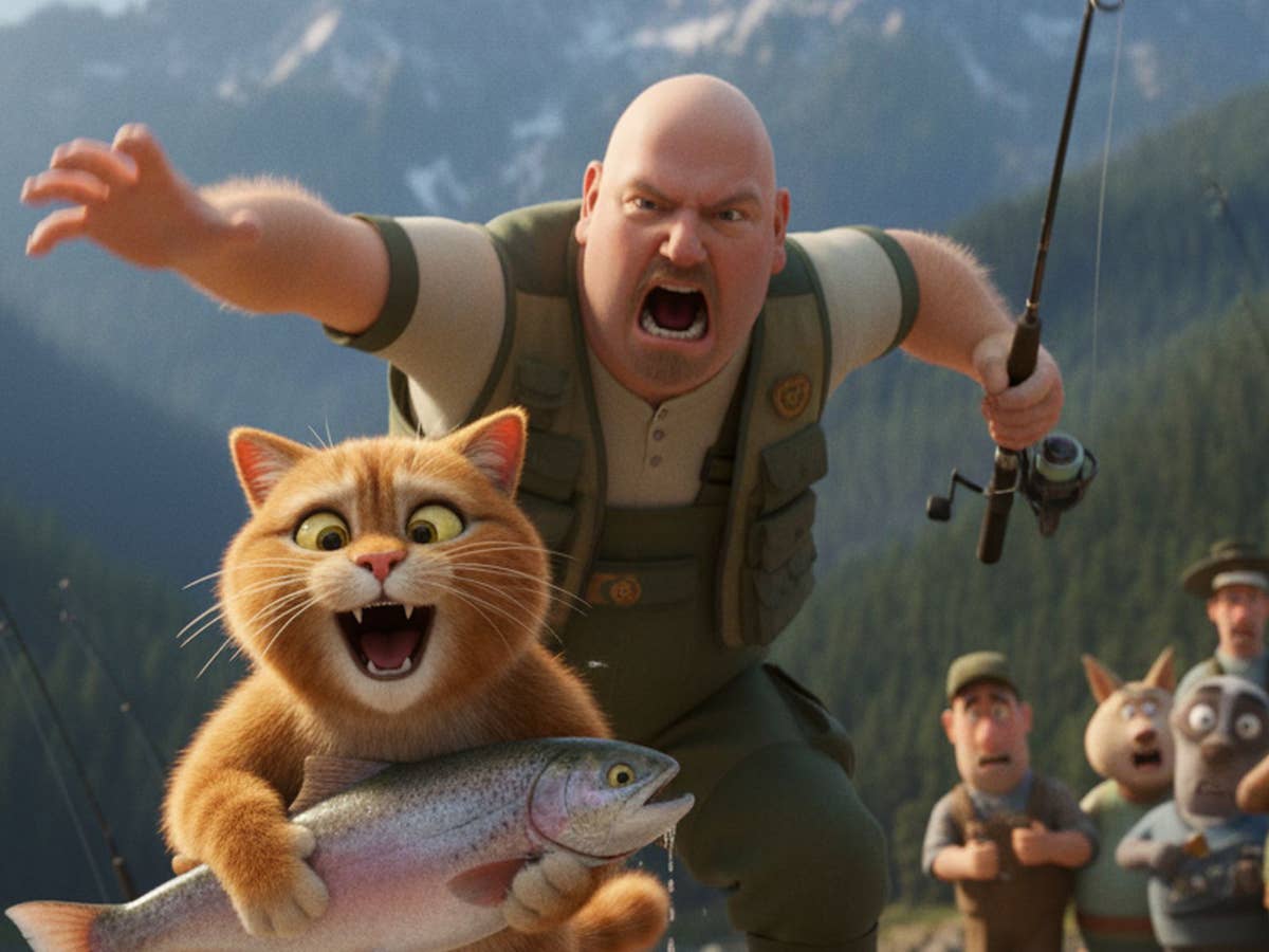 Eine Cartoon-Katze hält fröhlich einen Fisch, während ein Mann begeistert an einem Angler-Szene schreit.