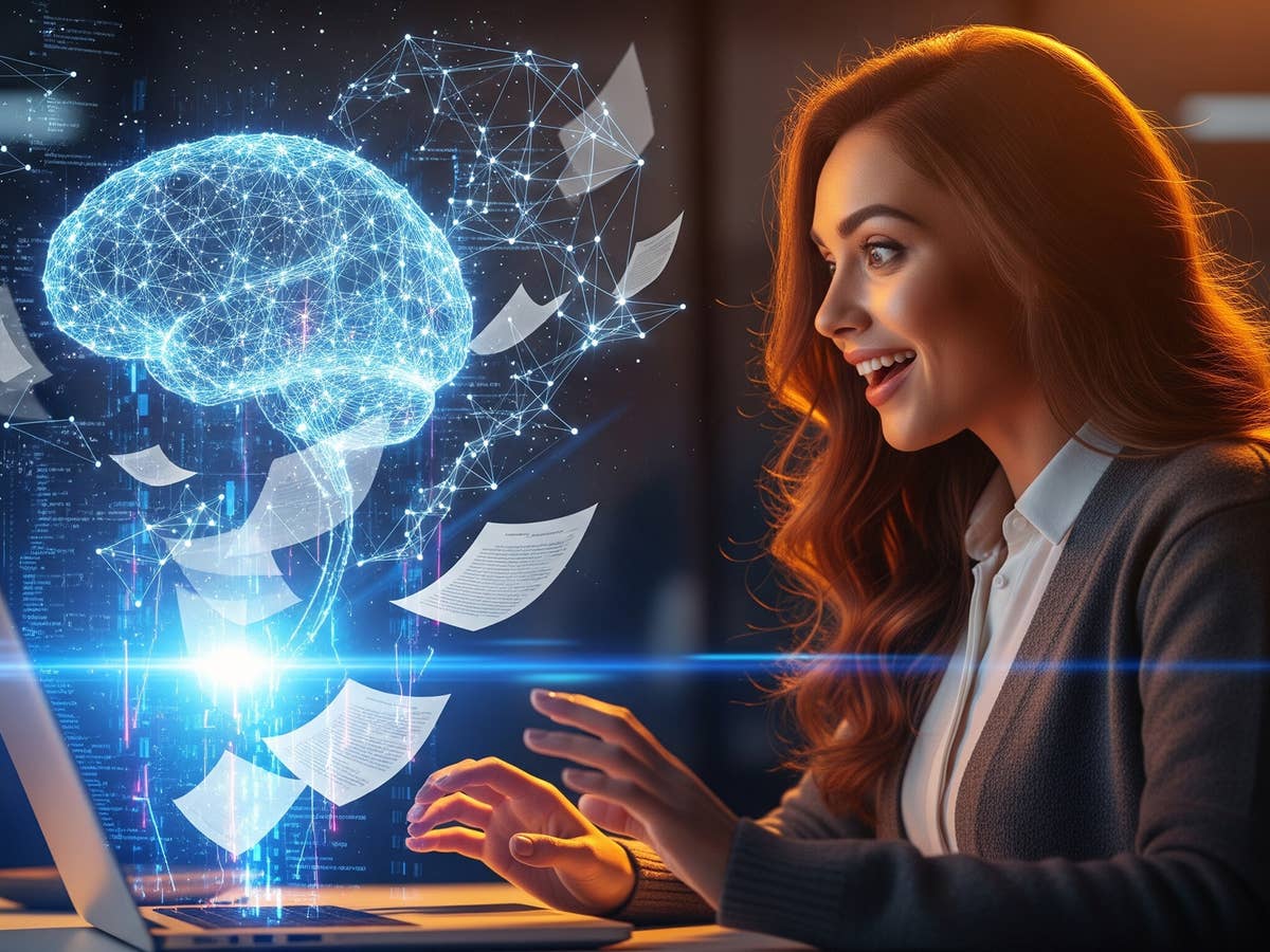 Eine Frau lächelt auf einen Laptop mit einem digitalen Gehirn über ihr, das Technologie und Innovation symbolisiert.