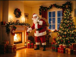 Ein Weihnachtsmann im festlich gewünschten Wohnzimmer am Kamin