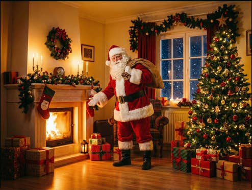 Ein Weihnachtsmann im festlich gewünschten Wohnzimmer am Kamin