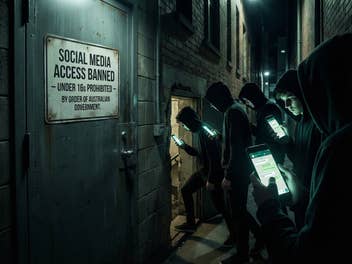 Ein Schild verkündet einen Social-Media-Bann. Kinder mit Blick aufs Handy und Kapuzenpullis schleichen am Schild vorbei in den Keller.