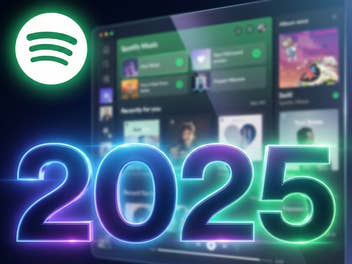 Ein unscharfer Screenshot der Spotify-Oberfläche, im Vordergrund eine große 2025 und ein Spotify-Logo.