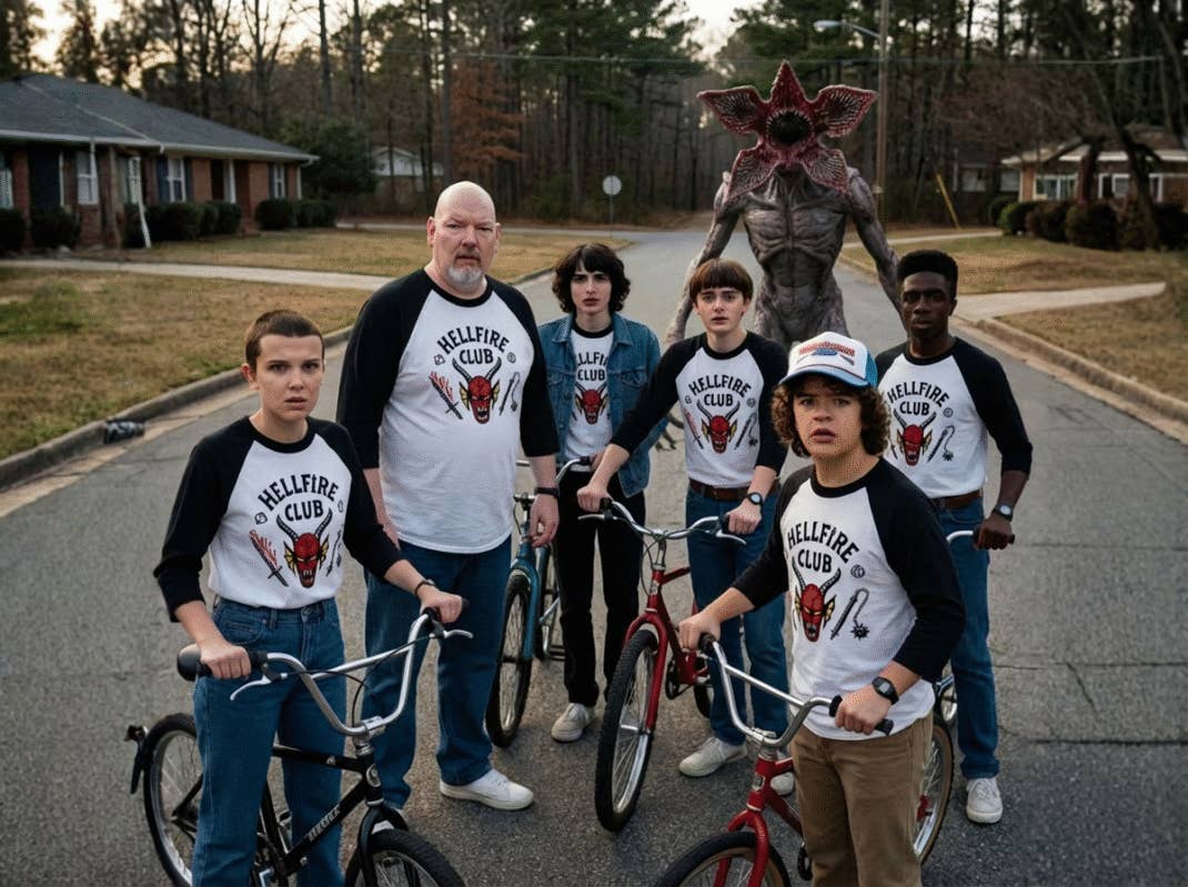 Die Stranger-Things-Gang steht mit mir auf der Straße in Hawkins, im Hintergrund lauert ein Demogorgon.