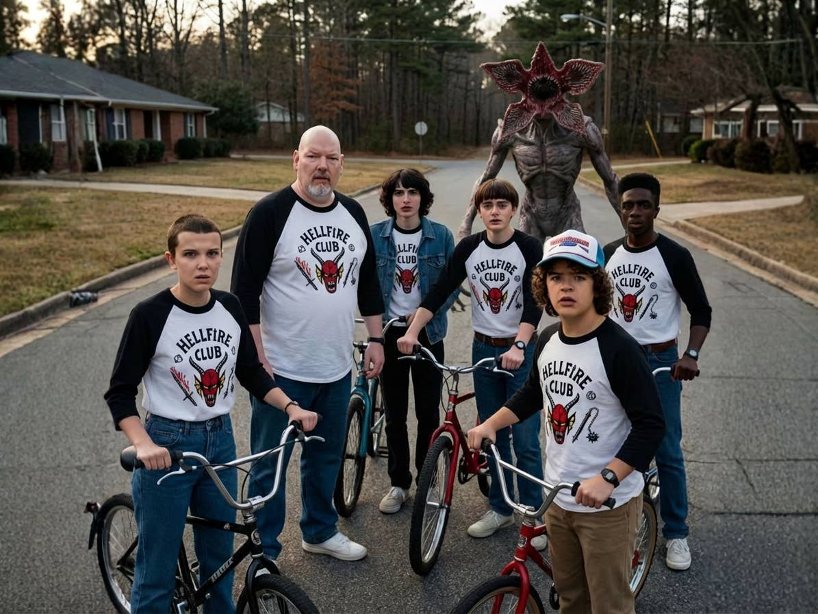 Stranger Things Ranking Die Stranger-Things-Gang steht mit mir auf der Straße in Hawkins, im Hintergrund lauert ein Demogorgon.