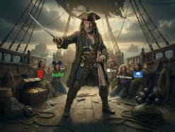 Ein Pirat mit Säbel auf einem Piratenschiff. Hinter ihm knien Menschen, die die Streaming-Anbieter symbolisieren.