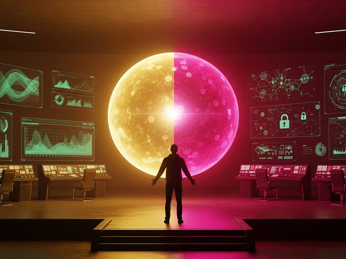 Die Silhouette eines Tech-CEOs steht vor einer Miniaturausgabe einer gespaltenen Welt.