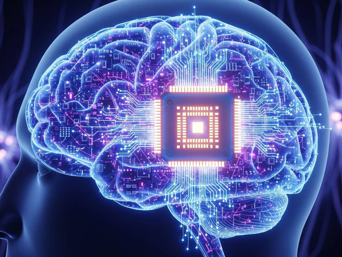 Ein leuchtendes digitales Gehirn mit Schaltmustern, das künstliche Intelligenz und Technologie symbolisiert.