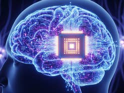 Ein leuchtendes digitales Gehirn mit Schaltmustern, das künstliche Intelligenz und Technologie symbolisiert.