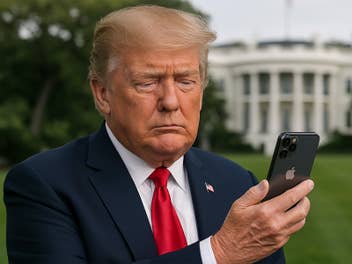 Donald Trump schaut auf sein Handy vor dem Weißen Haus.